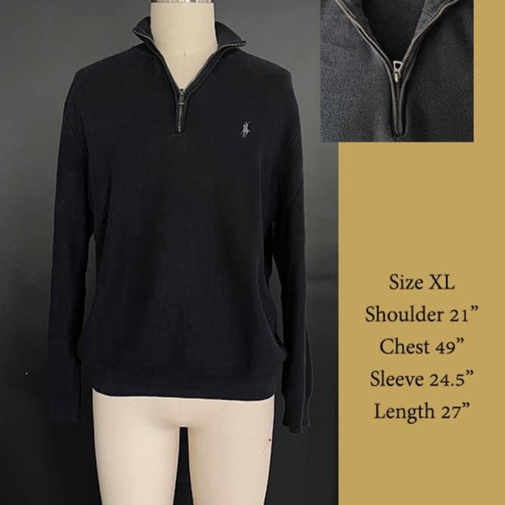 POLO‎ Ralph Lauren Cotton Men's Pullover Zip Sweater, Black, X-Large